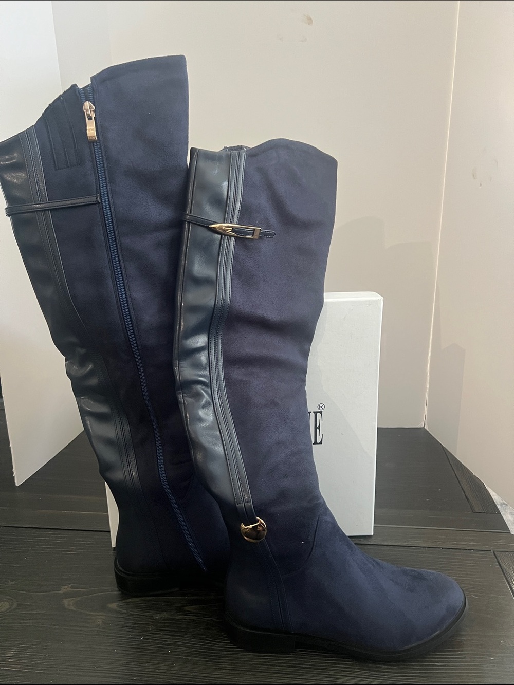 Over-the-Knee Navy Riding Boots with Gold Buckle Accent Seventh Avenue Suede NEW